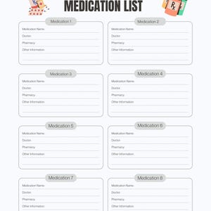 Puede incluir: Una plantilla de Lista de Medicamentos blanca con ocho secciones para detalles de medicamentos. Cada sección incluye campos para el nombre del medicamento, el médico, la farmacia y otra información. Ilustraciones decorativas de frascos de medicamentos en las esquinas.