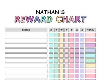 May include: A reward chart titled NATHAN'S REWARD CHART in pastel colors. The chart features a column for chores, columns for days of the week labeled M, T, W, T, F, S, S, and a total column. The grid contains rows of blank white boxes.