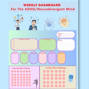 May include: A weekly dashboard planner for the ADHD/Neurodivergent mind featuring sections for goals, priorities, notes, and daily tasks. It includes an exercise habit tracker and a 30-day water challenge with a water bottle graphic and illustrations.