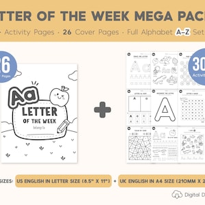 May include: A digital download titled "Letter of the Week Mega Pack" with over 300 activity pages and 26 cover pages. The design includes a cover page with an apple illustration and the text "Letter of the Week". The pack includes the full alphabet A-Z.