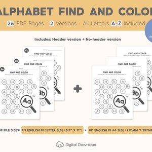 Alphabet Find and Color Worksheets Printable, Letter Recognition, Uppercase and Lowercase, Letter Worksheets, Preschool Curriculum