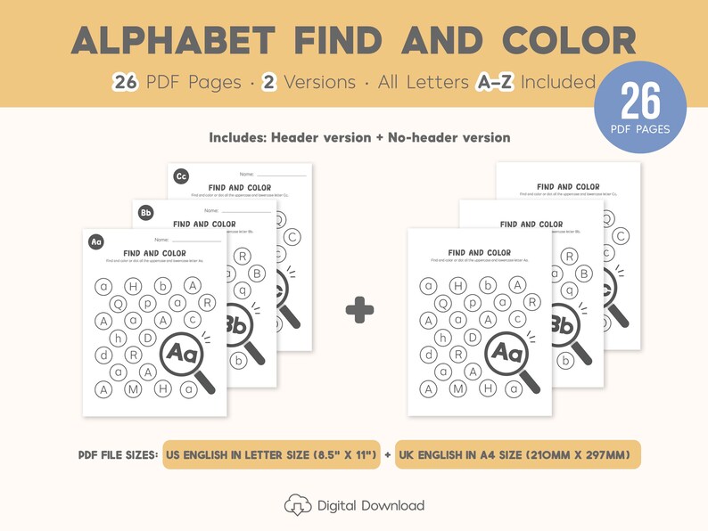 Alphabet Find and Color Worksheets Printable, Letter Recognition, Uppercase and Lowercase, Letter Worksheets, Preschool Curriculum