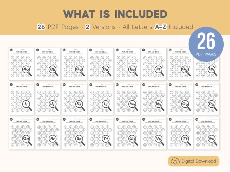 Alphabet Find and Color Worksheets Printable, Letter Recognition, Uppercase and Lowercase, Letter Worksheets, Preschool Curriculum
