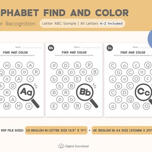 Alphabet Find and Color Worksheets Printable, Letter Recognition, Uppercase and Lowercase, Letter Worksheets, Preschool Curriculum