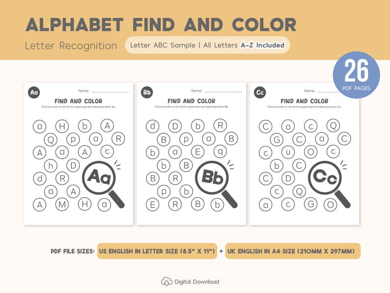 Alphabet Find and Color Worksheets Printable, Letter Recognition, Uppercase and Lowercase, Letter Worksheets, Preschool Curriculum