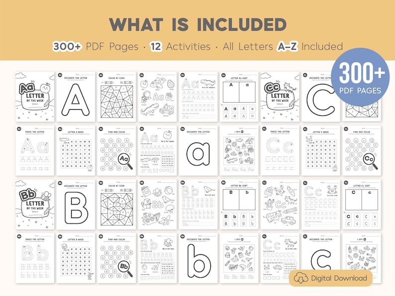 Letter of the Week Printable Worksheets, Alphabet Tracing, Alphabet Coloring, Preschool Curriculum, Toddler Workbook, Homeschool Learning Binder