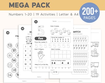 Number Worksheets 1–20 Printable, Number Tracing, Number Counting, Preschool Math Curriculum, Toddler Math Workbook, Learning Numbers