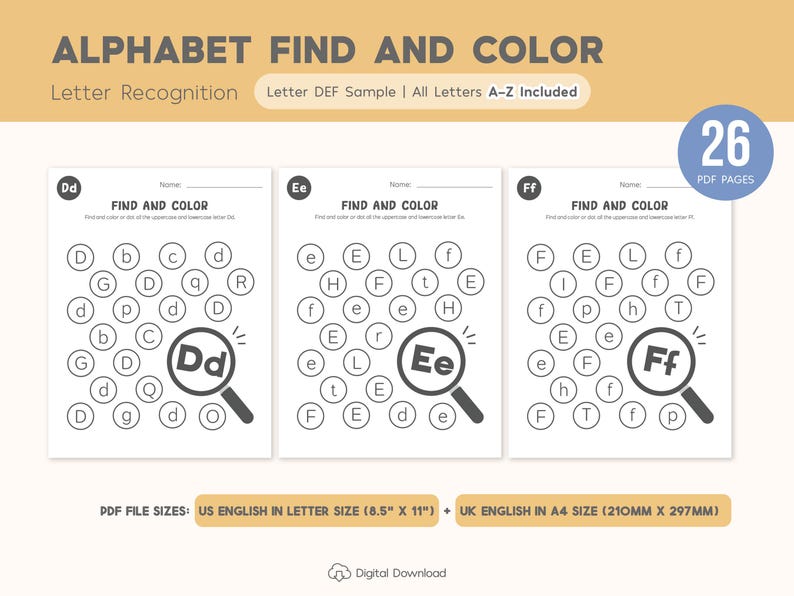 Alphabet Find and Color Worksheets Printable, Letter Recognition, Uppercase and Lowercase, Letter Worksheets, Preschool Curriculum