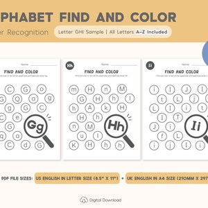 Alphabet Find and Color Worksheets Printable, Letter Recognition, Uppercase and Lowercase, Letter Worksheets, Preschool Curriculum