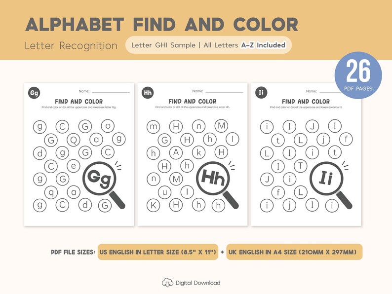 Alphabet Find and Color Worksheets Printable, Letter Recognition, Uppercase and Lowercase, Letter Worksheets, Preschool Curriculum