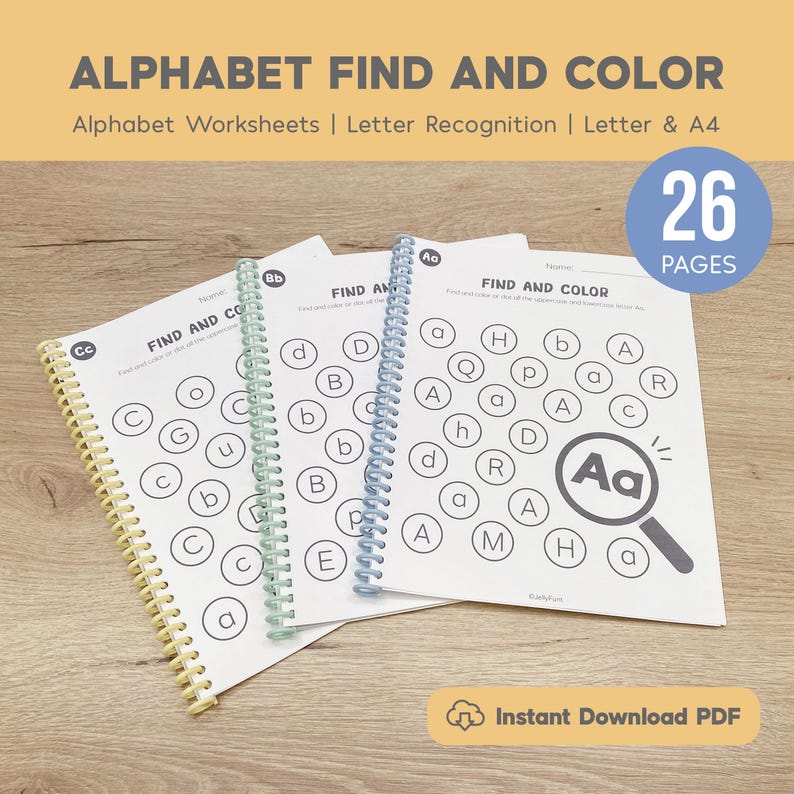 Alphabet Find and Color Worksheets Printable, Letter Recognition, Uppercase and Lowercase, Letter Worksheets, Preschool Curriculum