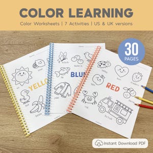 May include: Color learning worksheets with 30 pages, featuring colour-themed activities. The worksheets are spiral-bound and include illustrations of objects like a sun, duck, and banana. The text includes "Color Learning" and "US & UK versions."