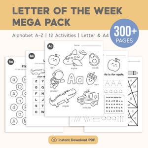 Pode incluir: Um conjunto de folhas de trabalho educativas para crianças. A imagem mostra o título "Letter of the Week Mega Pack" com "Alphabet A-Z" e "300+ páginas". As folhas de trabalho apresentam ilustrações de maçã, avião, abacate, astronauta, jacaré e bolota.