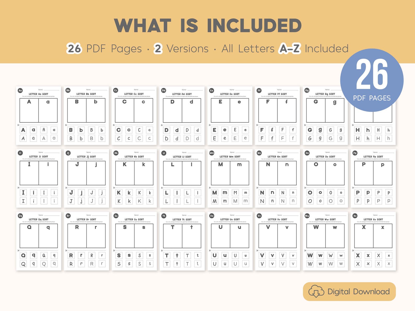 Soring Letters Alphabet Letter Sort Worksheets Printable, Uppercase and Lowercase ...