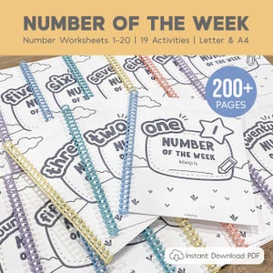 Peut inclure: Plusieurs cahiers "Number of the Week" reliés par des spirales colorées. Les cahiers présentent des chiffres et des activités, avec le texte "Number Worksheets 1-20 | 19 Activities | Letter & A4" en haut.