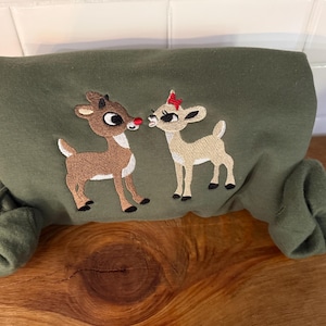 Embroidered Rudolph & Clarice Sweatshirt | Olive Green Christmas Crewneck