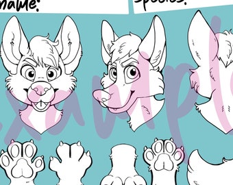May include: A black and white line art furry character base for digital art. The base includes a head, ears, paws, and tail. The base is labeled "name:" and "species:" with blank spaces for text. The base is on a light blue background.