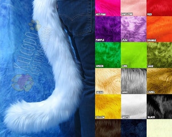 May include: A white fluffy tail with a long, bushy tip. The tail is attached to a pair of blue jeans. A color chart of 18 different faux fur colors is shown on the right side of the image. The colors include turquoise, royal blue, baby blue, hot pink, baby pink, red, purple, lilac, orange, green, lime, sage, beige, gray, camel, yellow, white, black, brown, navy, and ivory.