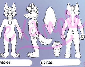 May include: A white cartoon wolf character design with front, side, and back views, plus a tail and paw pads. The design includes a front view, side view, back view, tail, and paw pads. The background is a gradient of light blue to purple.