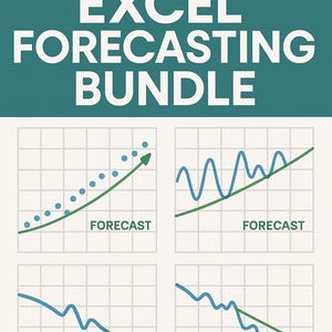Może przedstawiać: Obraz z tekstem "ULTIMATE EXCEL FORECASTING BUNDLE" w białych literach na turkusowym tle. Poniżej cztery wykresy ze słowem "FORECAST" pod każdym z nich. Wykresy pokazują trendy wzrostowe i spadkowe w kolorze niebieskim i zielonym.