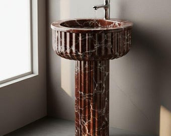 Round Pedestal Rosso Levanto fluted marble sink