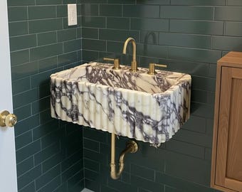 Fluted Calacatta Viola Marble Sink, Rectangular Wall Mount Basin, Carved Natural Stone Vanity