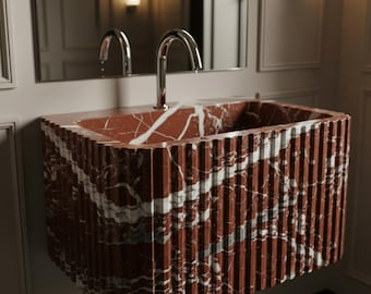 Hand-Carved Rosso Levanto Marble Sink-Fluted Marble Bathroom Vessel Sink