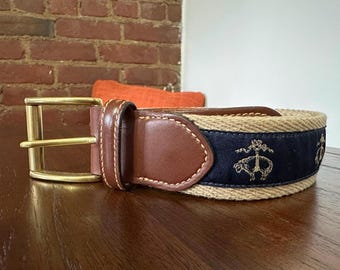 Ceinture Vintage Brooks Brothers - Tissu Coton Bordeaux & Boucle Cuir Marron - Taille 38 - Occasion