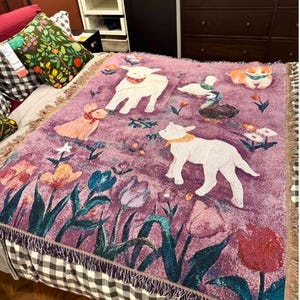 Cottagecore Lamb & Tulip Woven Tapestry Blanket | Pastel Purple Farm Animal Throw | Spring Floral Sofa Cover | Cute Home Decor