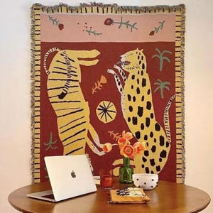 Tiger & Leopard Woven Tapestry Blanket | Jungle Safari Throw | Boho Animal Wall Hanging | Exotic Sofa Cover | Wildlife Home Decor