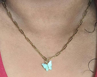 Butterfly Charm Paperclip Chain Necklace: 18k Gold PVD-Plated