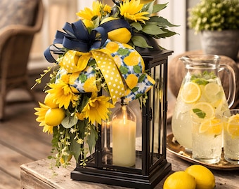 Lemon Daisy Lantern Swag, Summer Porch Decor, Yellow Floral Door Accent, Farmhouse Outdoor Arrangement