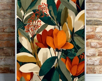 Höstbotanisk väggkonsttavla – Djärv blommig illustration i varma orangea och gröna toner