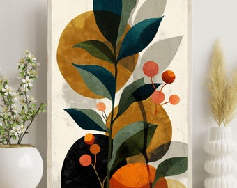 Höstbotanisk väggkonsttavla – Djärv blommig illustration i varma orangea och gröna toner