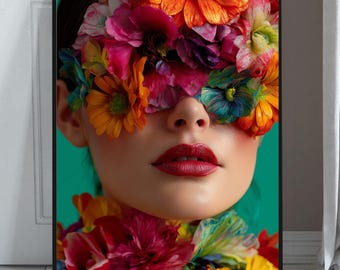 Djärvt blommigt väggkonsttryck – Surrealistisk kvinna med blommor fotografiinspirerat konstverk
