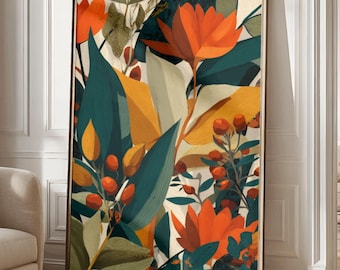 Autumnal Botanical Wall Art Print – Bold Floral Illustration in Warm Orange & Green Tones