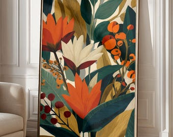 Höstlig botanisk väggkonsttavla – Djärv blommig illustration i varma orangea och gröna toner