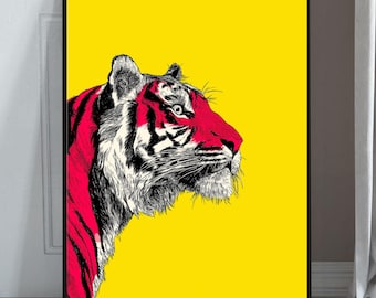 Djärvt Tiger Pop Art-tryck: Modern röd & gul djurillustration