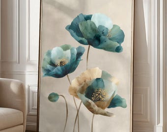 Mjuka akvarellvallmor - Modern botanisk väggkonst – Djärv blommig illustration med turkosblå toner