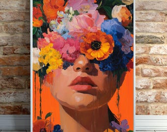 Djärvt blommigt väggkonsttryck – Surrealistisk kvinna med blommor-konstverk Poster