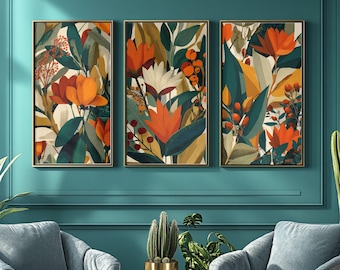 Höstbotaniska väggkonsttryck: Orange & grön blommig illustration (set om 3)