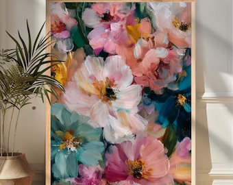 Abstrakt blommig väggkonsttryck, måleriskt blomkonstverk, färgglad botanisk målning