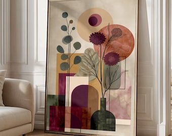 Modern botanisk väggkonst – djärv blommig illustration i mjuka gröna och vinröda toner