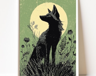 Fox Silhouette Print | Linocut Style Wildlife Art | Woodland Nature Illustration