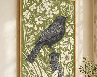 Black Bird Linocut Print | Botanical Wildlife Art | Green Nature Wall Decor