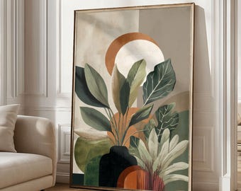 Modern botanisk väggkonsttryck | Abstrakt växtillustration i jordnära toner | Neutral grön och terrakottadekor