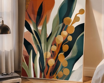 Modern botanisk väggkonsttryck – djärv blommig illustration i varma orangea och gröna toner