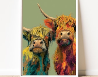 Colourful Highland Cow Print | Bold Farm Animal Wall Art | Rustic Farmhouse Cow Poster