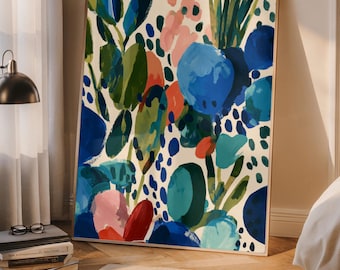 Abstrakt blommig väggkonsttryck, måleriskt blomkonstverk, färgglad botanisk målning