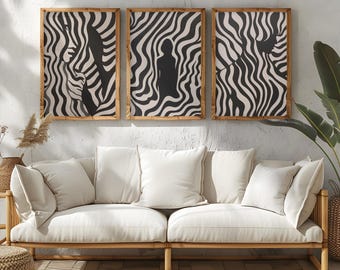 Abstrakta vågiga konsttryck | Svart och krämfärgad illustration (digital nedladdning)